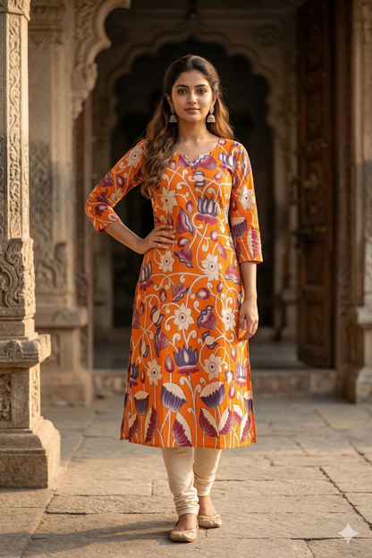 Orange Multi-Color Lotus Kalamkari (IB0357)