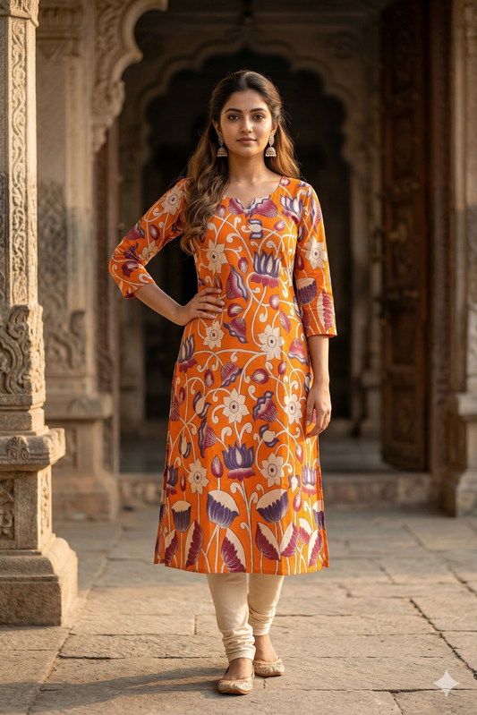 Orange Multi-Color Lotus Kalamkari (IB0357)