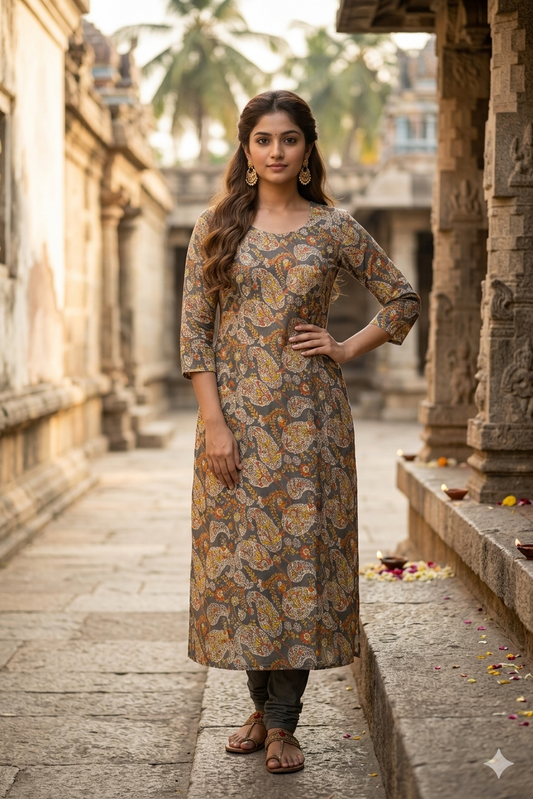 Grey Multi-Color Floral Kalamkari (IB0362)