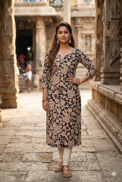 Black Floral Print Kalamkari (IB0363)