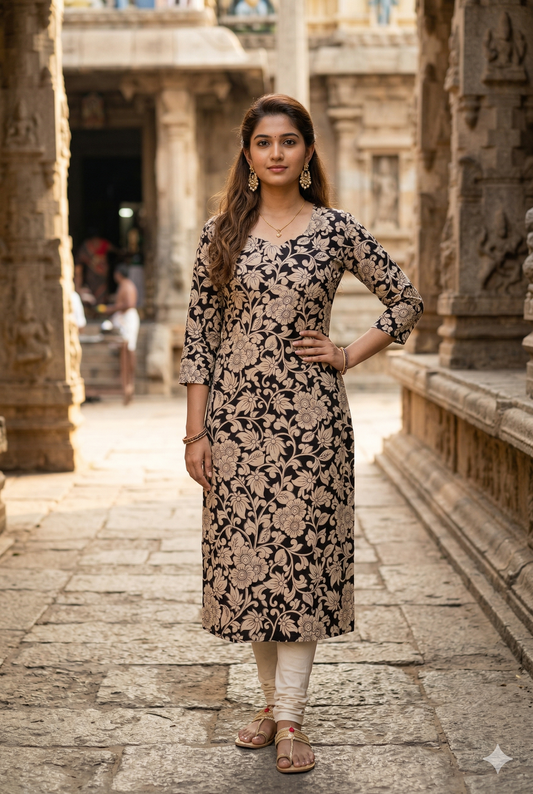 Black Floral Print Kalamkari (IB0363)