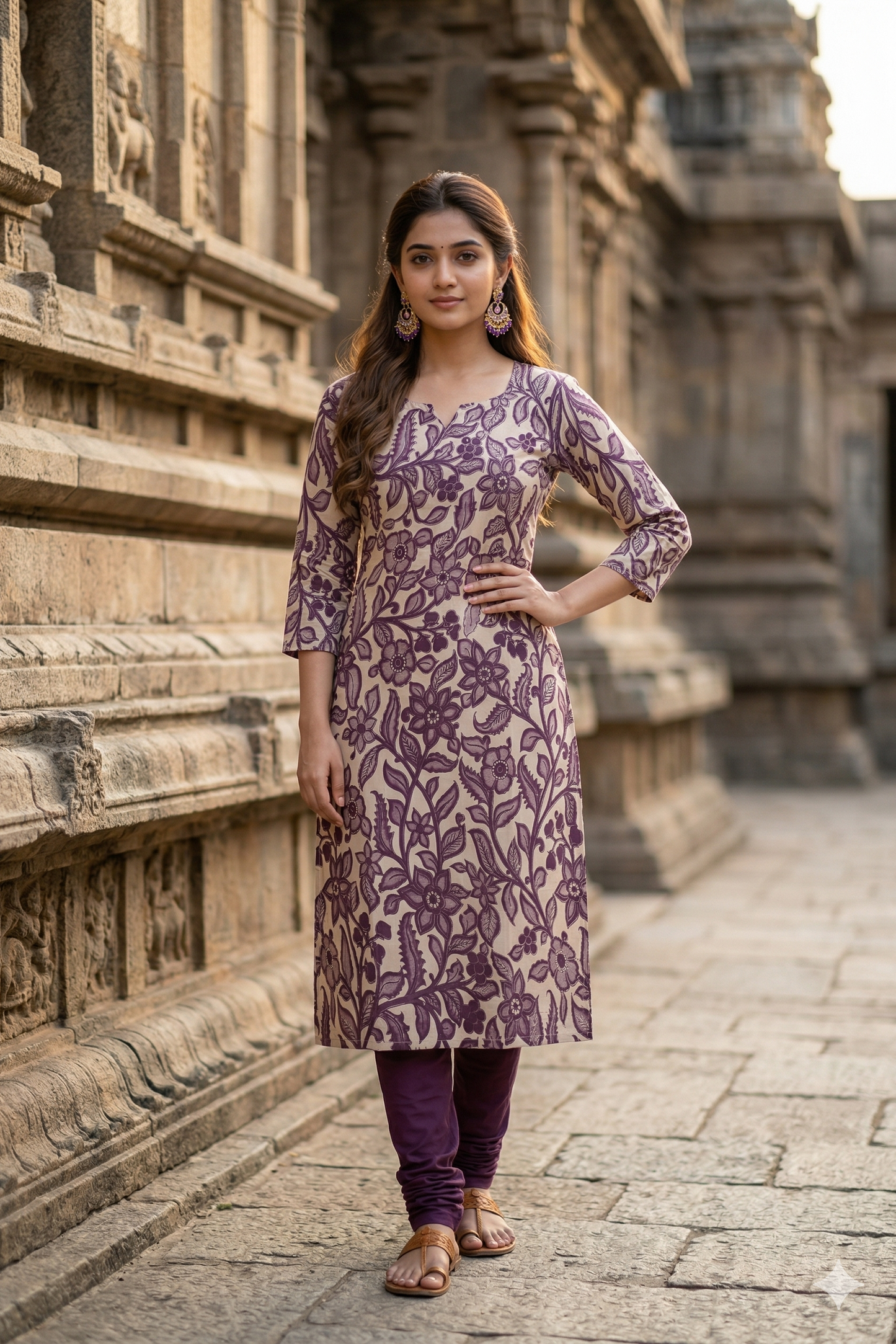 Mauve Floral Print Kalamkari ((IB0365)