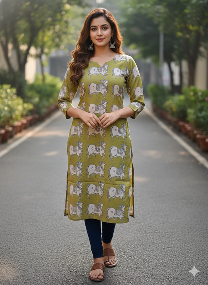 Pichwai Olive Kalamkari Kurti (IB138)