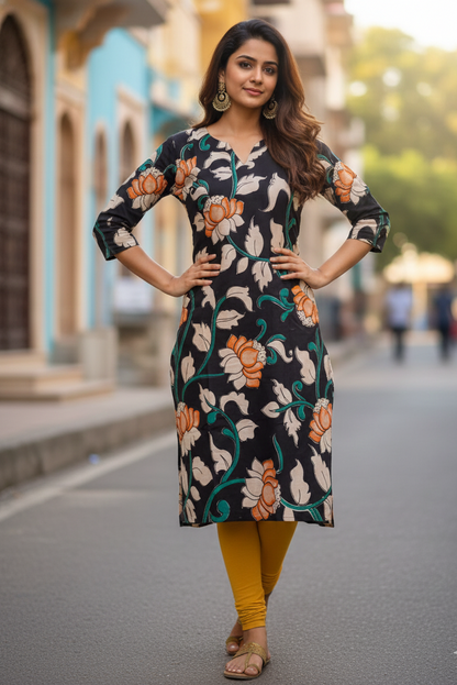 Black Lotus Floral Print Kalamkari Kurti (IB0204)