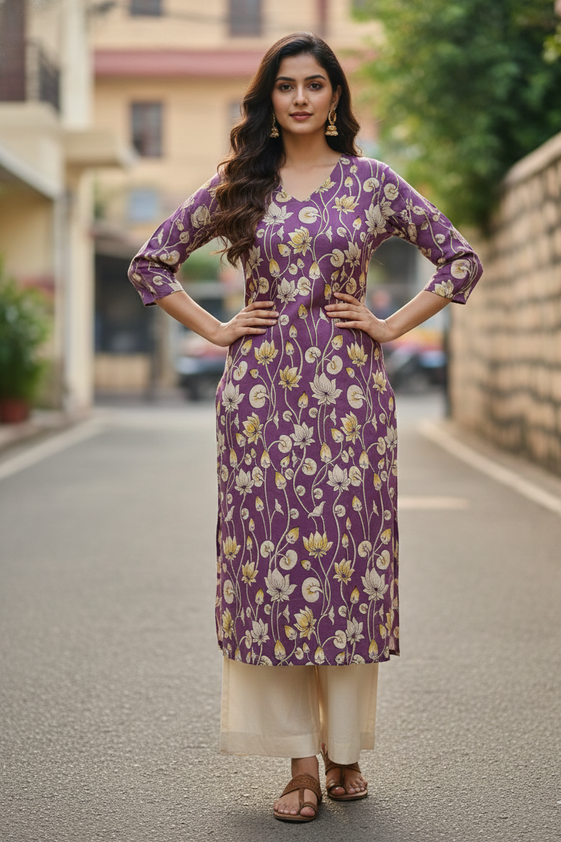 Purple Lotus Floral Kalamkari Kurti (IB0206)