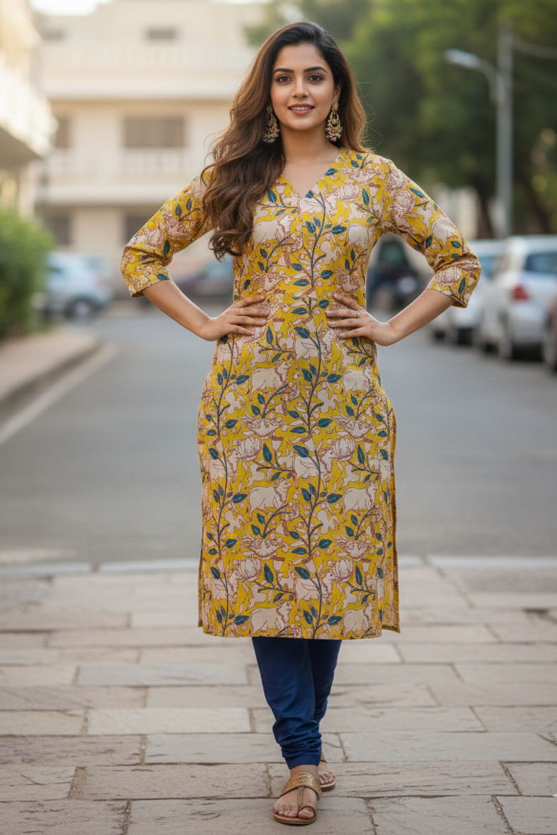 Mustard Yellow Cow Print Kalamkari Kurti (IB0217)