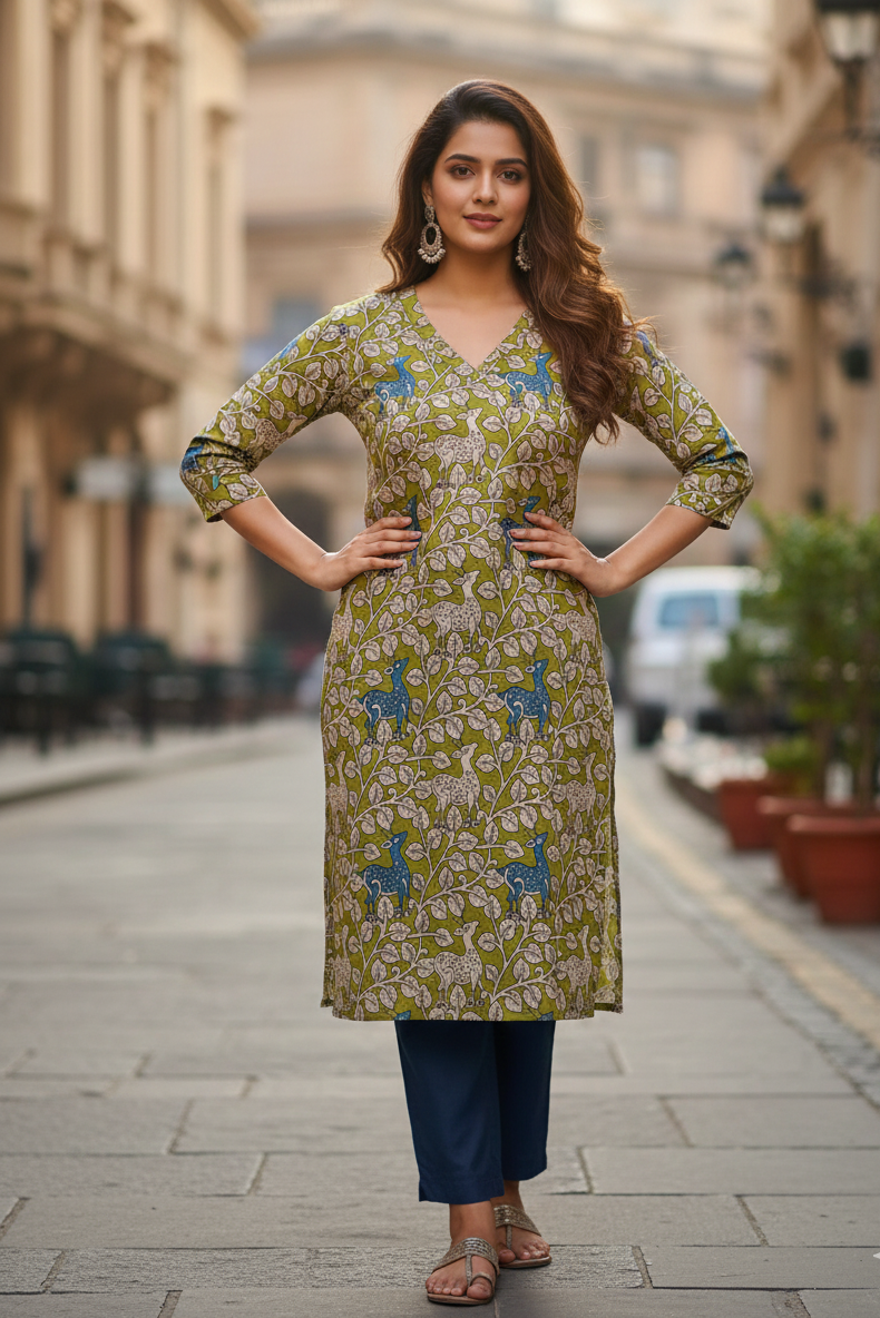 Olive Green Deer Print Kalamkari Kurti (IB0225)