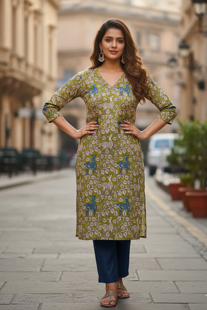 Olive Green Deer Print Kalamkari Kurti (IB0225)