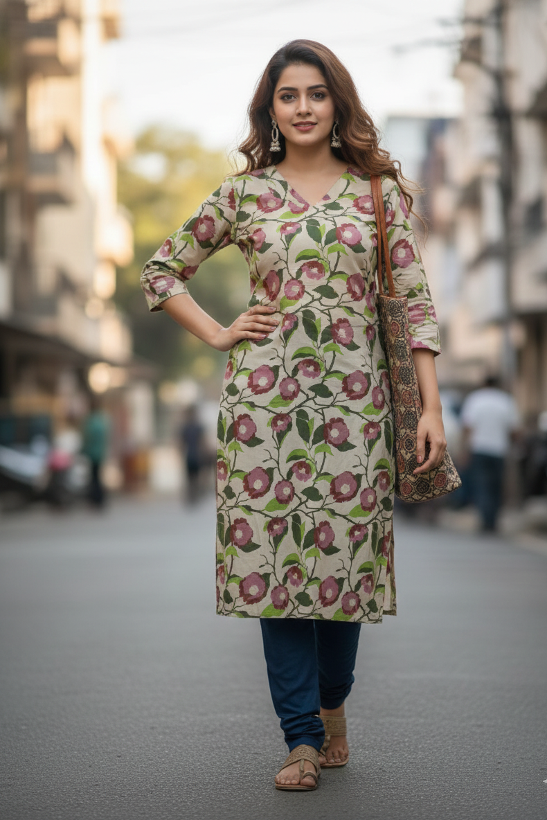 Cream & Pink Floral Kalamkari Kurti (IB0226)