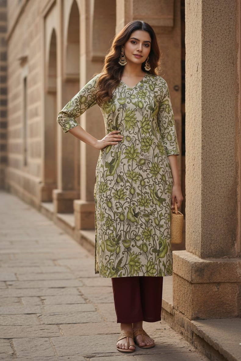 Green Floral & Bird Print Kalamkari Kurti (IB0232)