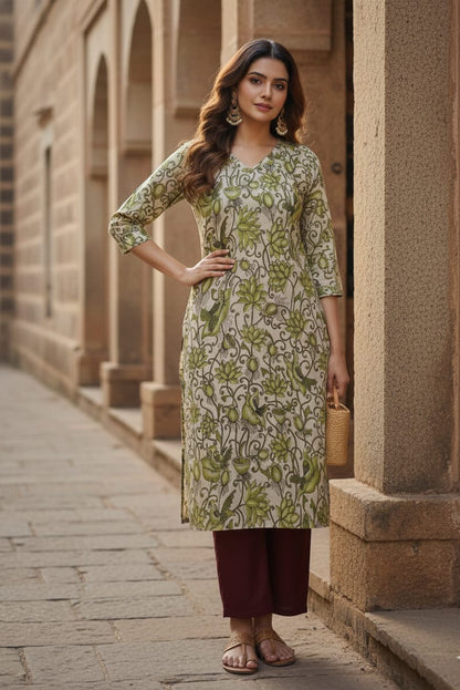 Green Floral & Bird Print Kalamkari Kurti (IB0232)