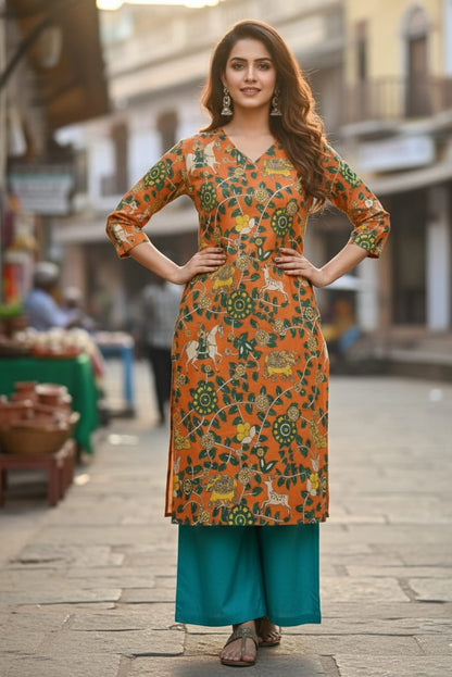 Orange Floral & Animal Print Kalamkari (IB0233)