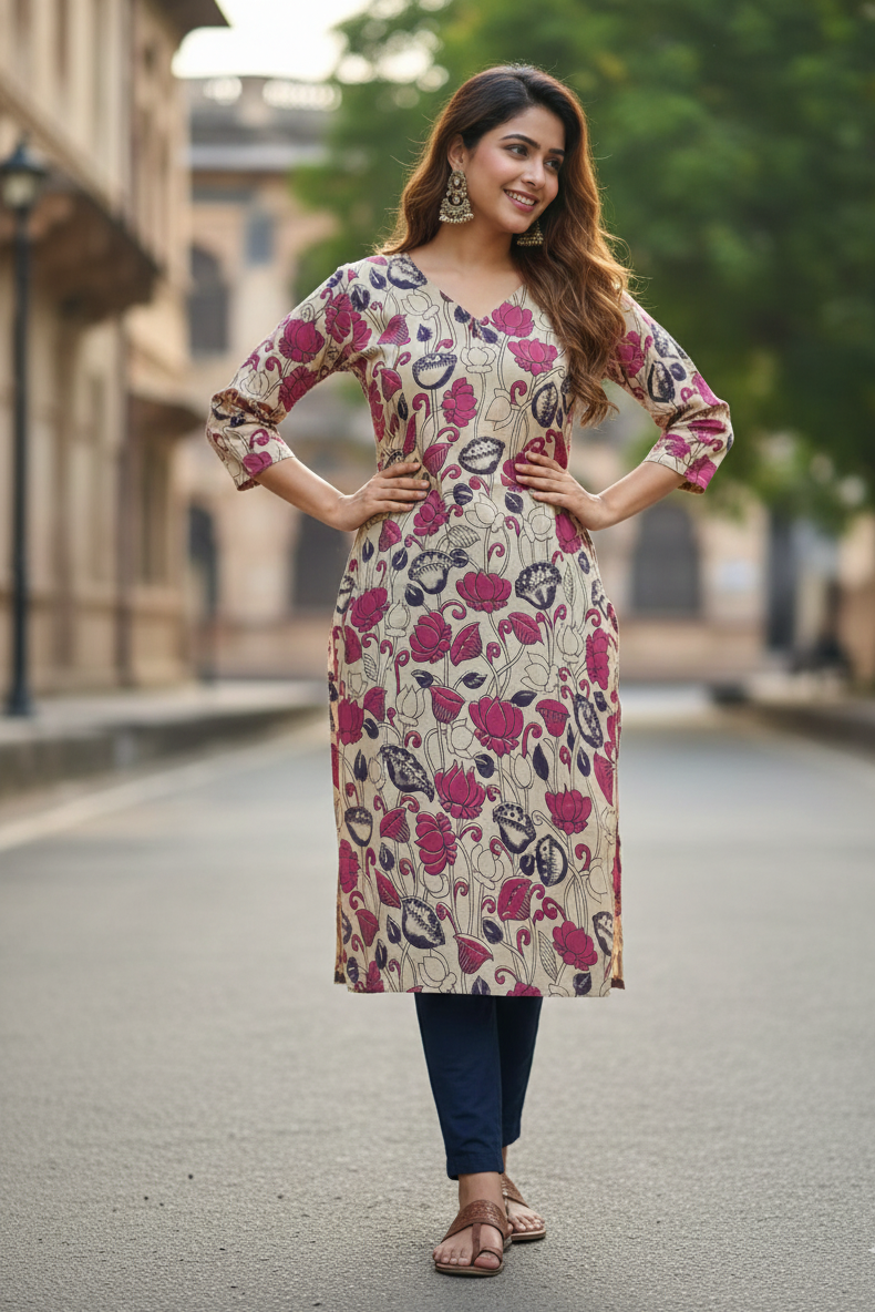 Cream & Magenta Lotus Floral Kalamkari Kurti (IB0236)