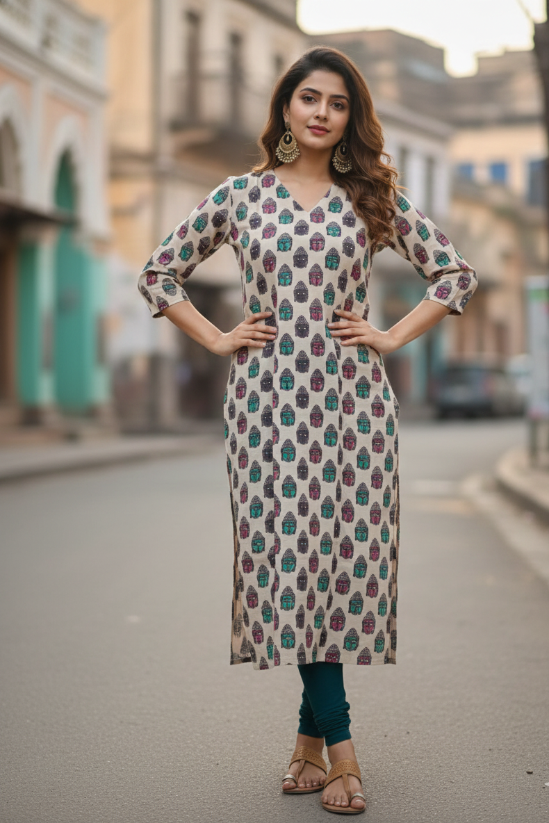 Cream Buddha Print Kalamkari Kurti (IB0237)