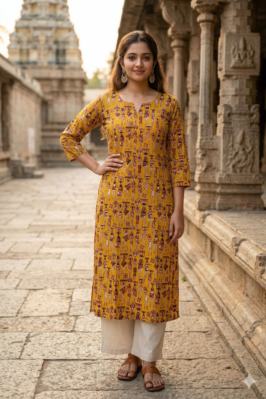 Mustard Yellow Figurative Kalamkari (IB0313)