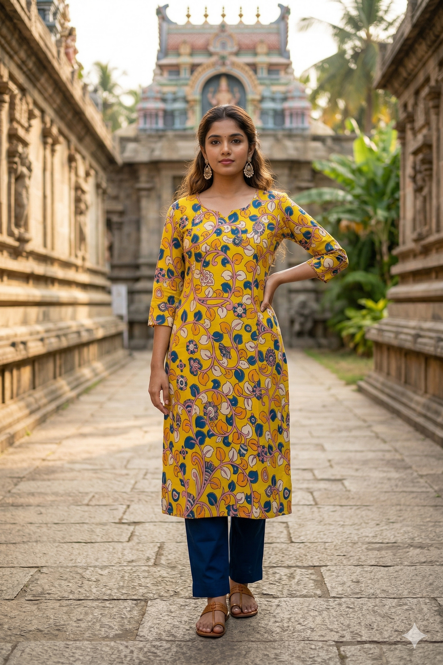 Mustard Multi-Color Floral Kalamkari (IB0314)