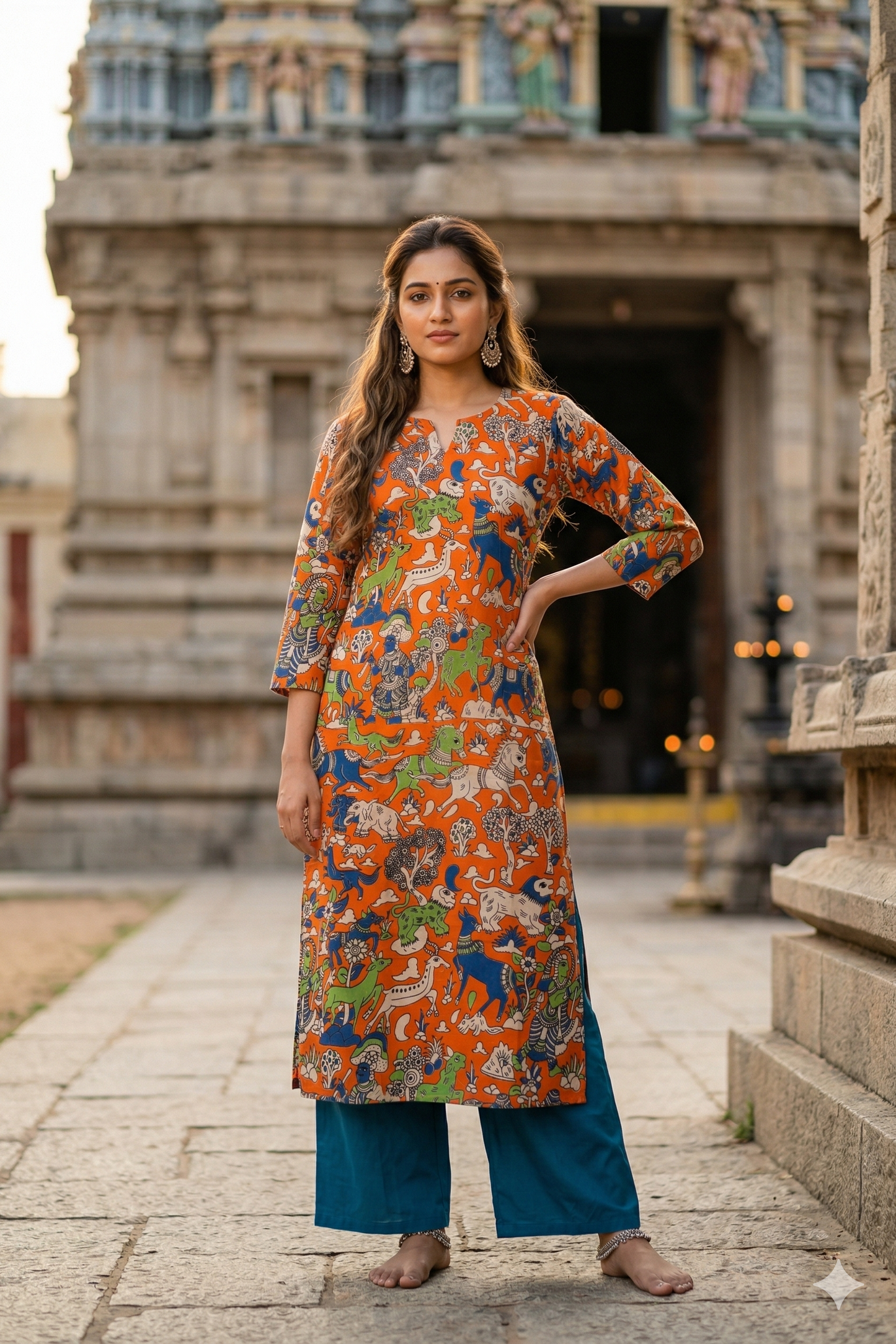 Orange Wildlife Motif Kalamkari (IB0315)