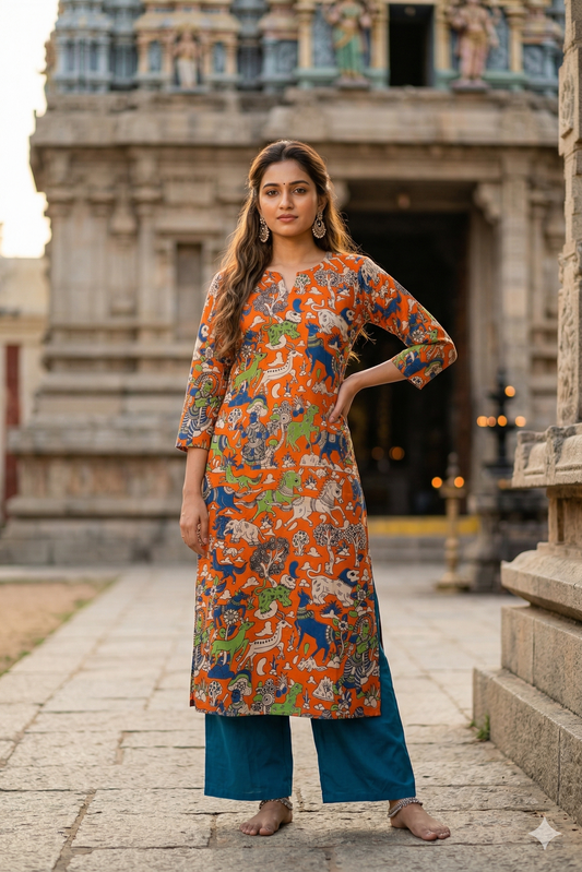Orange Wildlife Motif Kalamkari (IB0315)