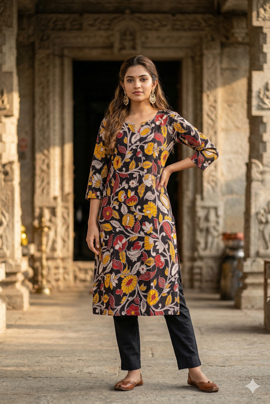 Black Multi-Color Floral Kalamkari (IB0317)