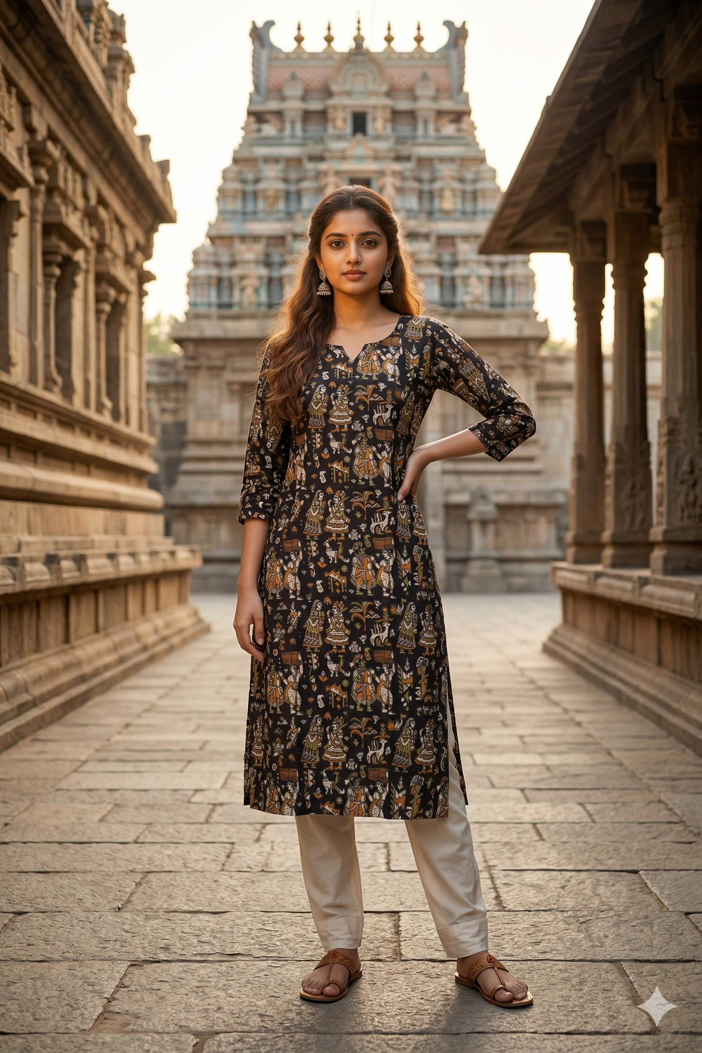 Black Earth Tone Figurative Kalamkari (IB0318)