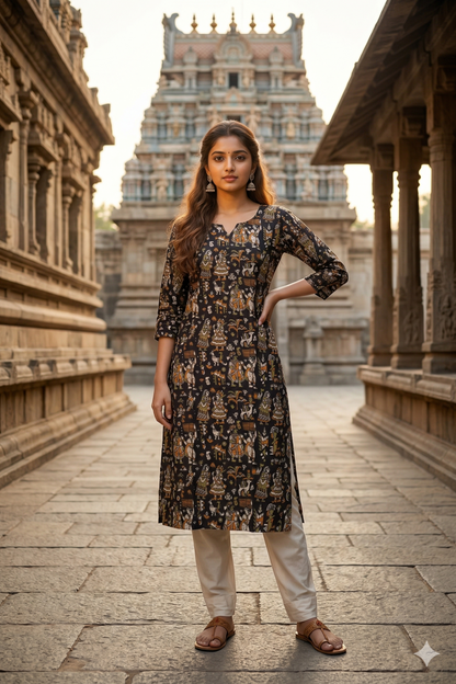 Black Earth Tone Figurative Kalamkari (IB0318)