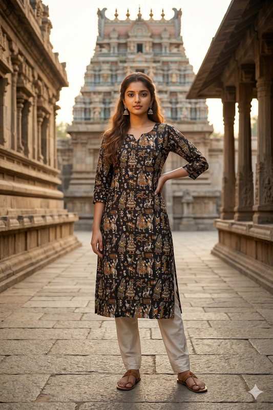 Black Earth Tone Figurative Kalamkari (IB0318)