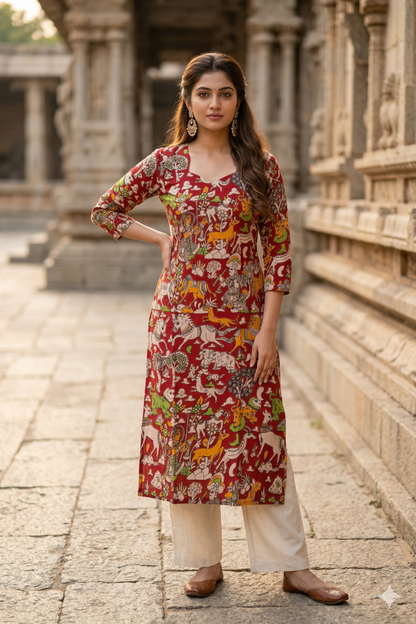 Deep Red Figurative Print Kalamkari (IB0320)