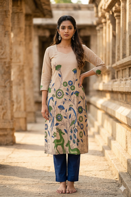 Beige Floral & Peacock Kalamkari (IB0325)