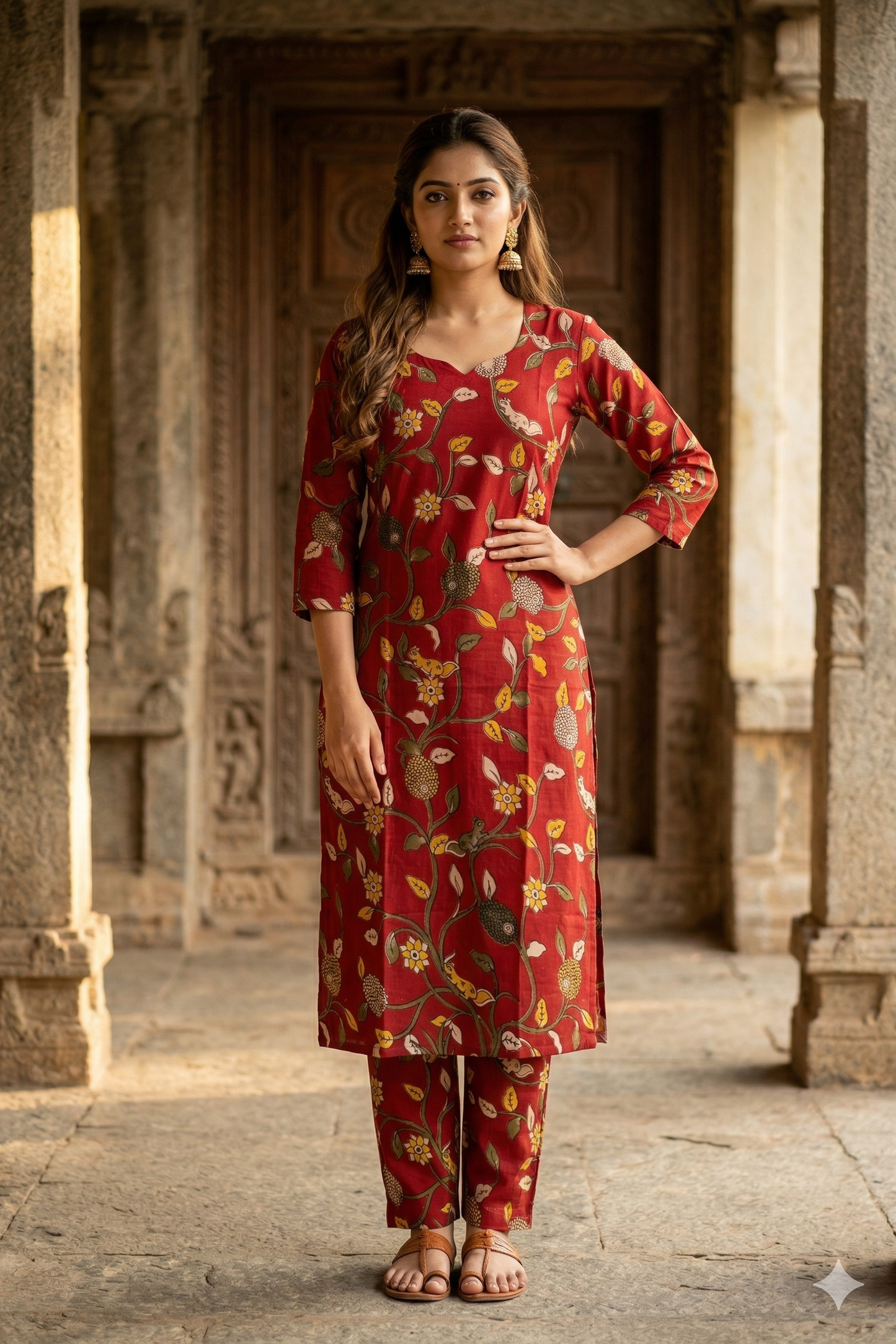Red & Yellow Printed Kalamkari (IB0327)