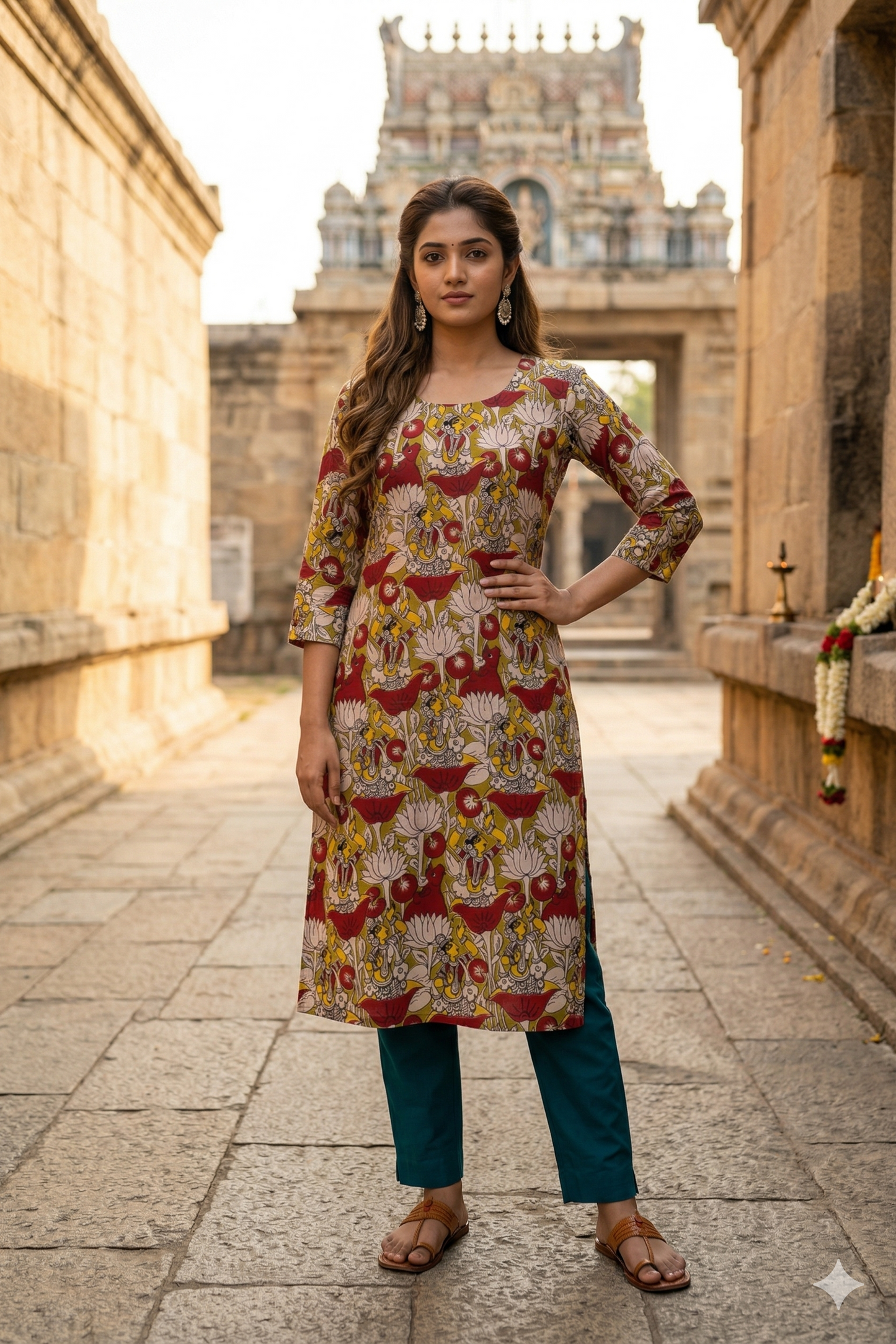 Green Multi-Color Floral Motif Kalamkari (IB0368)