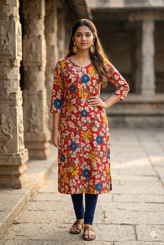 Red Multi-Color Floral Kalamkari (IB0369)