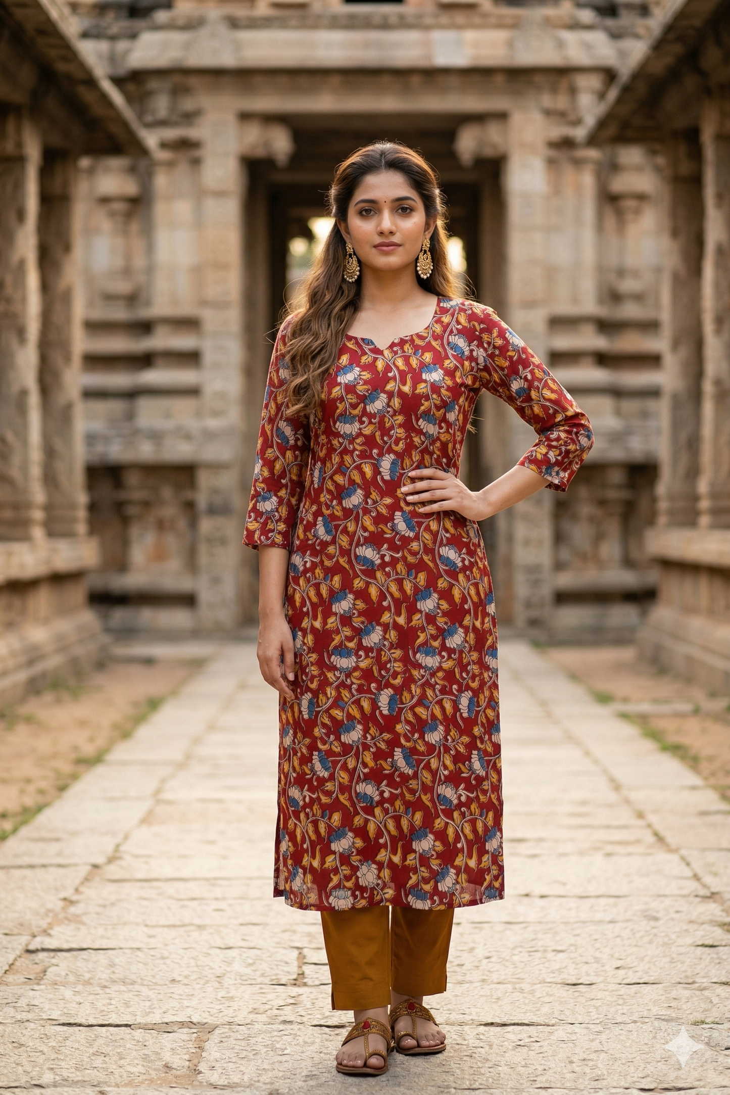 brick red blue floral kalamkari Kurti (IB0370)