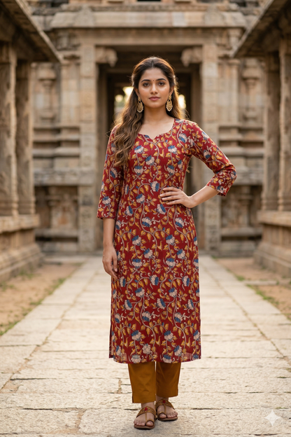 brick red blue floral kalamkari Kurti (IB0370)