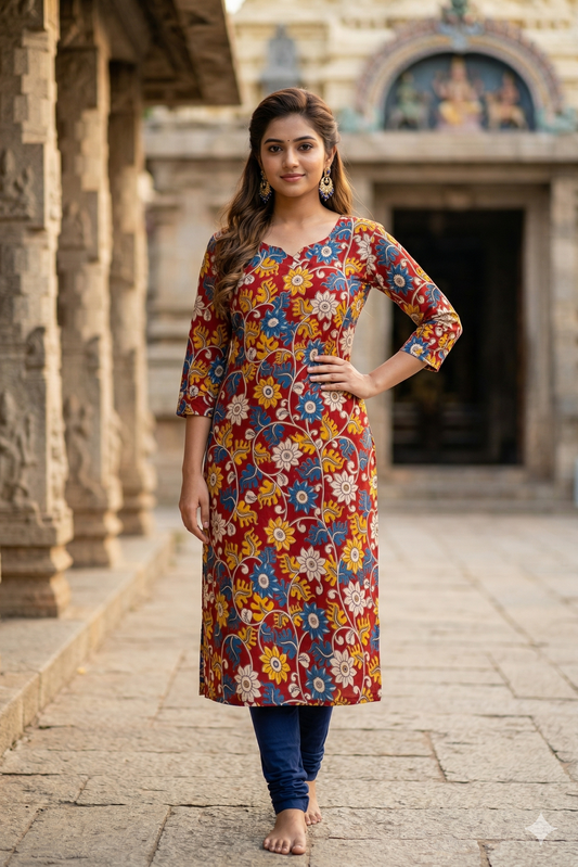 Elegant Blue & Yellow Floral red Kalamkari (IB0377)