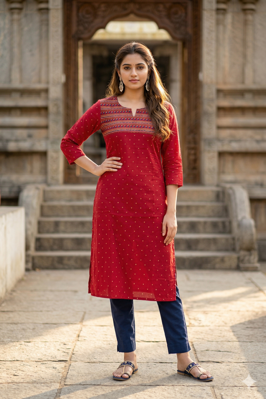 Red Micro-Print Cotton Office Wear (IB0378)