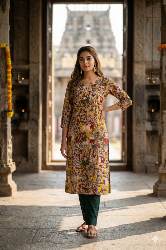 Mustard Multi-Color Figurative Kalamkari (IB0386)