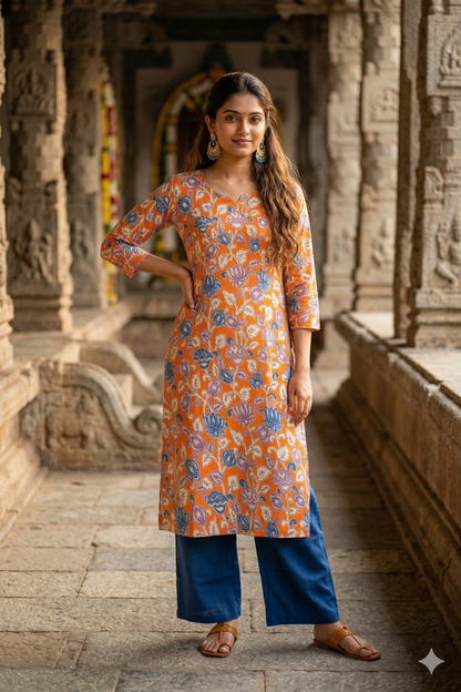 Orange Multi-Color Floral Kalamkari (IB0402)