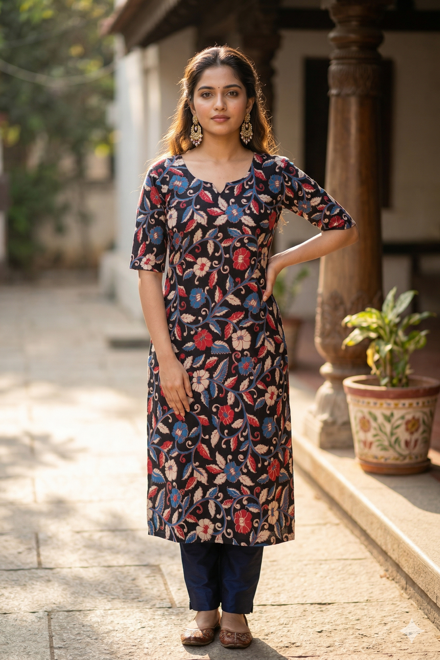 Dark Blue Multi-Color Floral Kalamkari (IB0403)