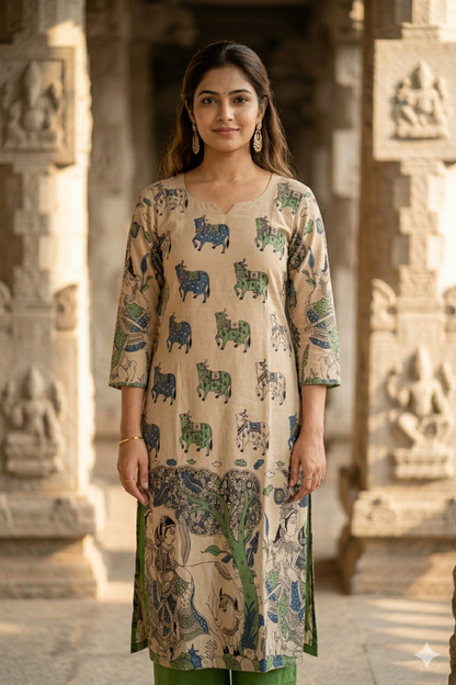 Beige Kalamkari Kurti with Traditional Pichwai (IB0435)