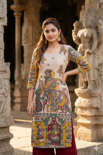 Beige Kalamkari Hand-Paint Style Straight Kurti (IB0436)
