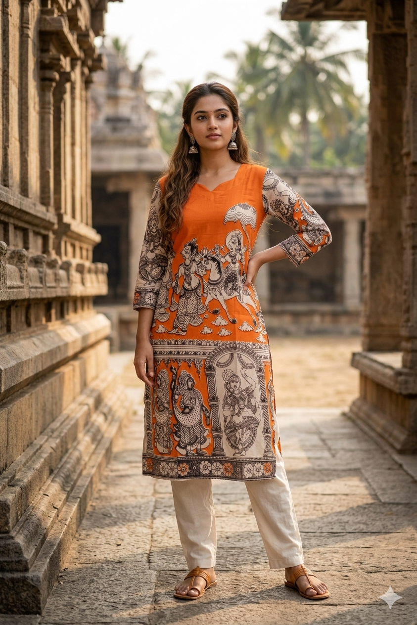 Rust-Orange Kalamkari Art Straight Kurti (IB0438)