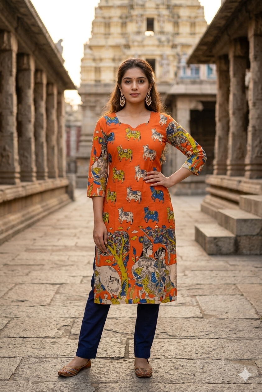 Orange Kalamkari Cow Print Cotton Kurti (IB0440)