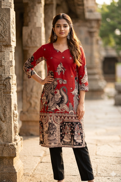 Traditional Brick Red Kalamkari Cotton Kurti (IB0441)
