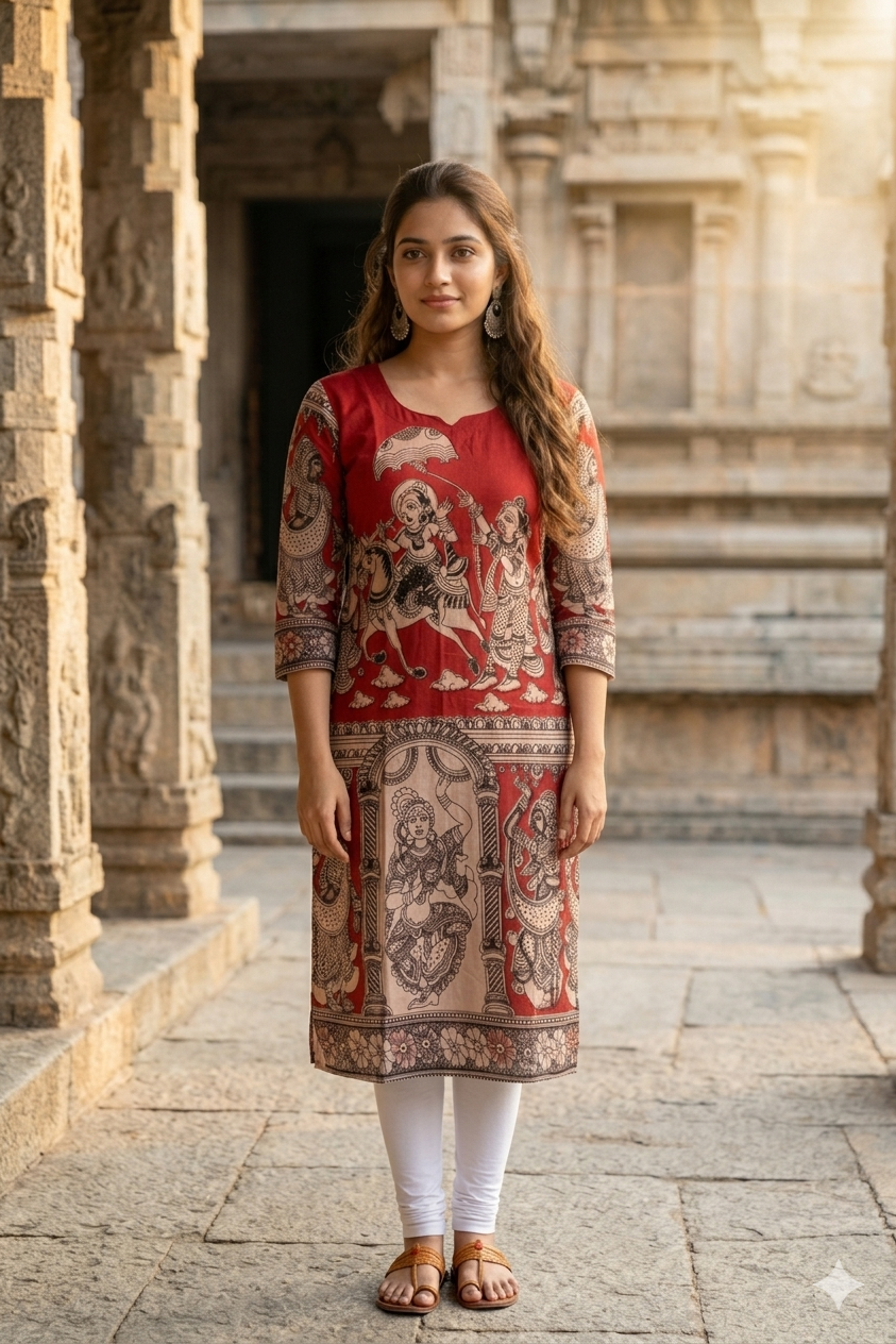 Classic Red Kalamkari Figurine Print Kurti (IB0443)