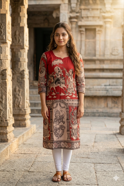 Classic Red Kalamkari Figurine Print Kurti (IB0443)