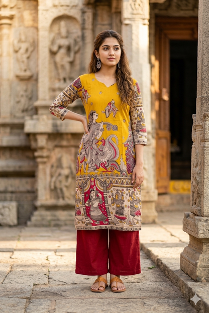 Earthy Yellow Kalamkari Peacock Print Kurti (IB0447)