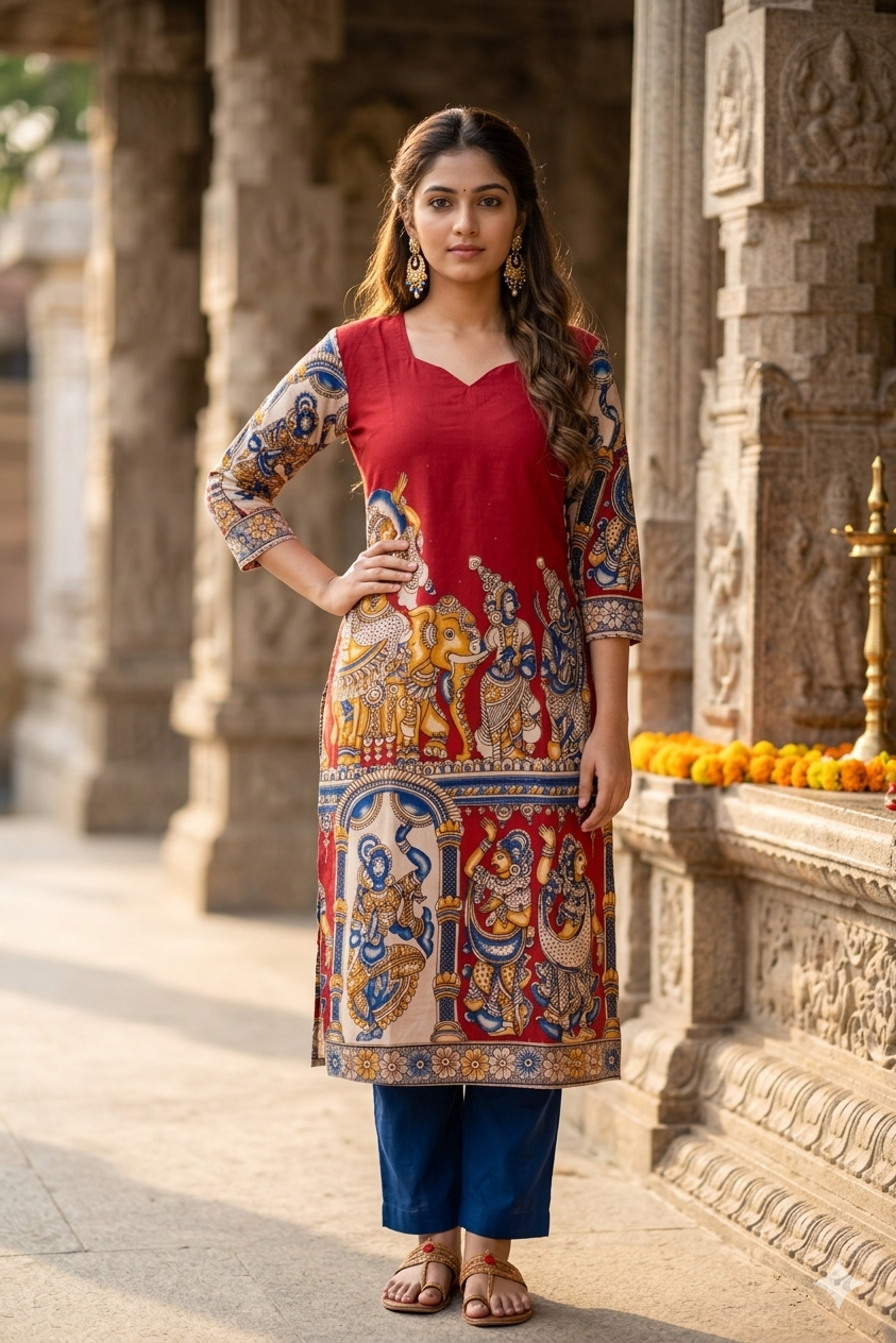 Red Kalamkari Royal Elephant Print (IB0448)