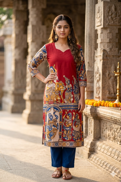 Red Kalamkari Royal Elephant Print (IB0448)