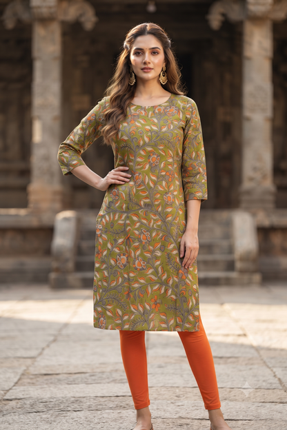 Olive Green & Orange Leafy Kalamkari Print Ethnic Kurti (IB0553)
