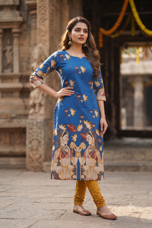 Royal Blue Traditional Kalamkari Print Ethnic Kurti (IB0555)
